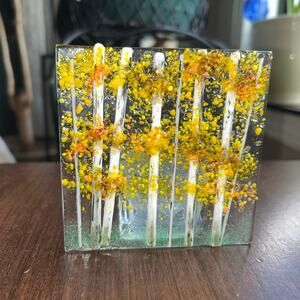 Handmade piece of fused glass art depicting an aspen grove candle holder